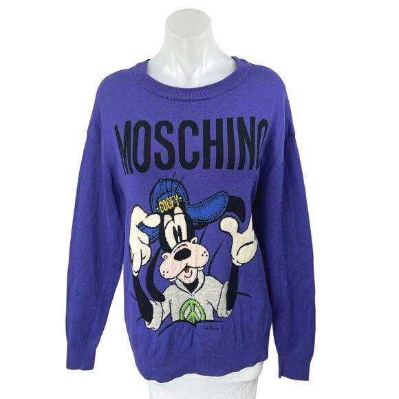 Moschino H&M Disney Goofy 100% Wool Purple Long Sleeve Sweatshirt Sweater Top L - Picture 1 of 6